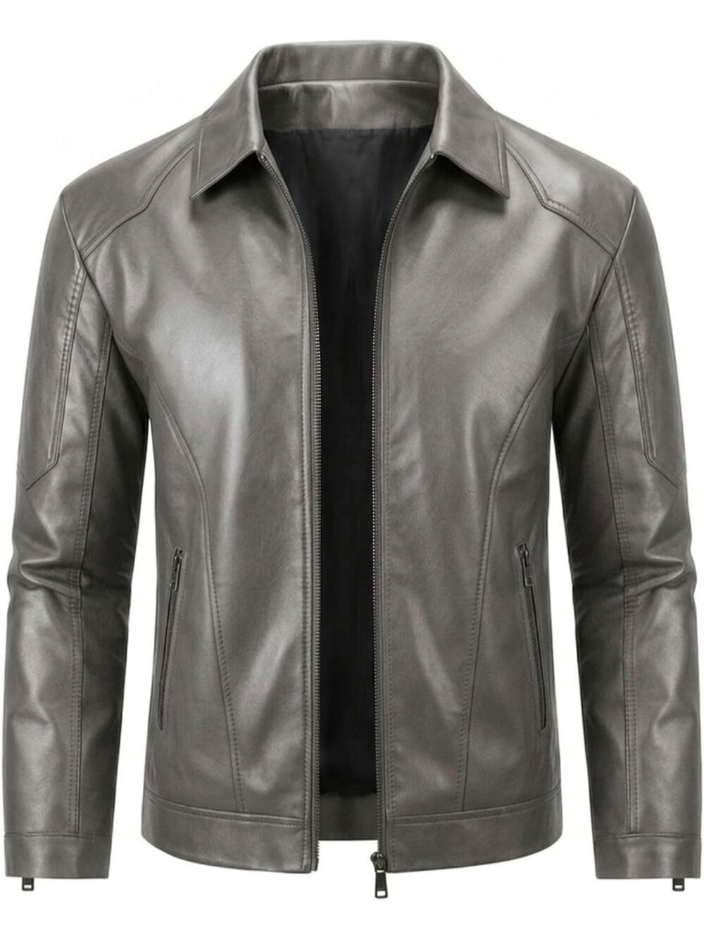 Men’s Grey Faux Leather Motorcycle Biker Jacket Turn Down Collar Zip Front Coat